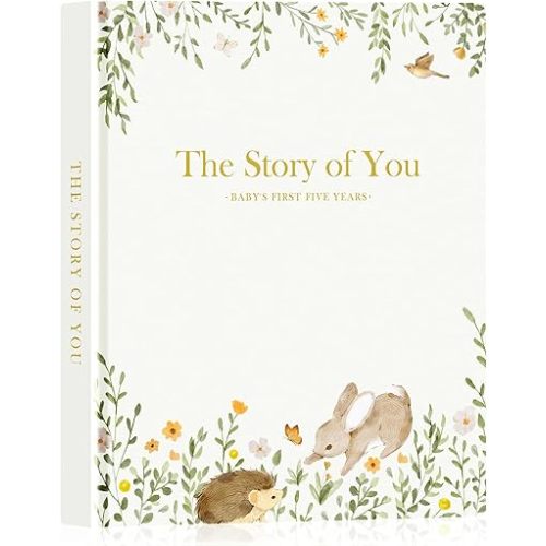 Lanpn Baby Memory Book for Boy Girl - The Story of You, Newborn Babys Book Keepsake Photo Album for New Parents, Leather Cover Baby First 5 Year Milestone Journal Scrapbook (154 Pages)