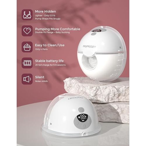 Momcozy M5 Hands-Free Wearable Breast Pump, Double-Sealed Flange for Baby-Like Comfort, 3 Modes & 9 Suction Levels, Portable Electric Pump – 24mm, 2-Pack Quill Gray