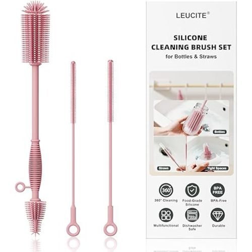 Silicone Cleaning Brush Kit,Water Bottle and Straw Cleaner Brush Set for Tumbler,Baby Bottle,Breast Pump Part,Nipple,Sippy Cup,Glass,Dishwasher Safe,BPA Free,3 Pcs