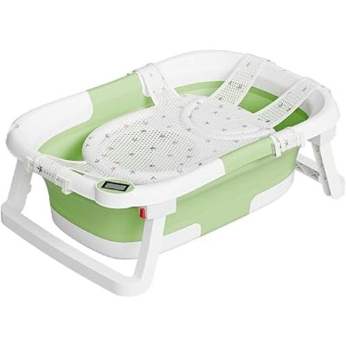 Collapsible Baby Bathtub,Baby Bath Tub with Soft Cushion & Thermometer,Baby Bathtub Newborn to Toddler 0-36 Months,Portable Travel Baby Tub (Green, Bath Tub Pro)