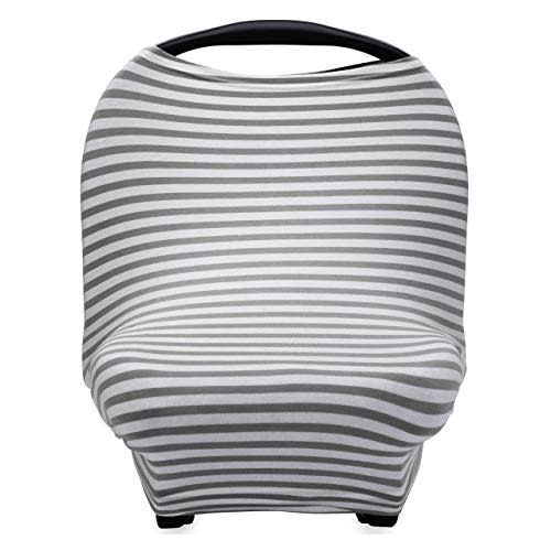 Parker Baby 4 in 1 Car Seat Cover for Girls and Boys - Stretchy Carseat Canopy, Nursing Cover, Grocery Cart Cover, High Chair Cover - Gray/White Stripes