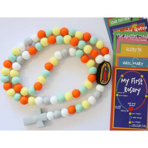 Baby's First Rosary, Children's Silicone Catholic Rosary, 12mm Beads, Our Lady of Guadalupe, Orange, Mint, Yellow, Gift, Baptism, Handmade
