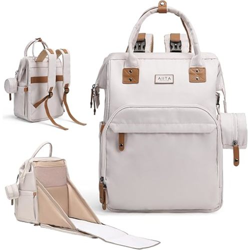 Diaper Bag Backpack, Multifunction Diaper Bag with Changing Station, Stylish Baby Bags, Large Unisex Diaper Backpack for Mom and Dad, Baby Registry Search, Portable Changing Pad – White Beige