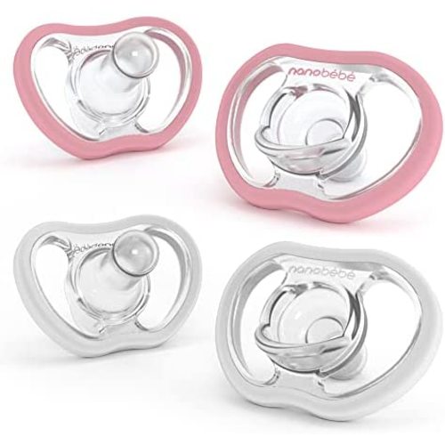 Nanobebe Active Baby Pacifiers 4-36 Months - Orthodontic, Lightweight and Vented, Curves Comfortably with Face Contour, 100% Silicone - BPA Free, Perfect Baby Registry Gift 4pk, White/Pink