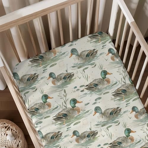 Cute Ducks Pattern Baby Sheets for Crib, Unisex Mallard Ducks Leaves Nursery Fitted Bed Sheet for Boys Girls Standard Crib and Toddler Mattress-28x52