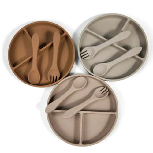 Won Wish BPA Free 100% Silicone Suction Baby Plates With Lids: Doeskin, Clay, & Warm Taupe