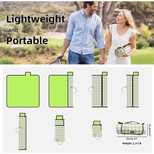 Extra Large Picnic Outdoor Blanket, 80''x80'' Waterproof Foldable Blankets Gingham Picnic Mat for Beach, Camping Grass Lawn Park Accessories Cute Couple Ideas Wedding Registry(Green White) - Green and White