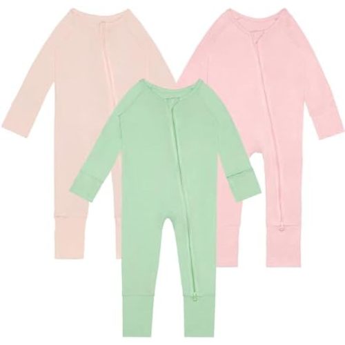 Rayon of Bamboo Baby Rompers Long Sleeve Two Way Zipper Pajamas With Footed Or Footless And Mitten Cuffs Convertible.
