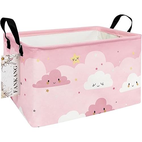 FANKANG Storage Bins, Nursery Hamper Canvas Laundry Basket Foldable with Waterproof PE Coating Large Storage Baskets for Kids Boys and Girls, Office, Bedroom, Clothes,Toys(Rec-pink cloud ）