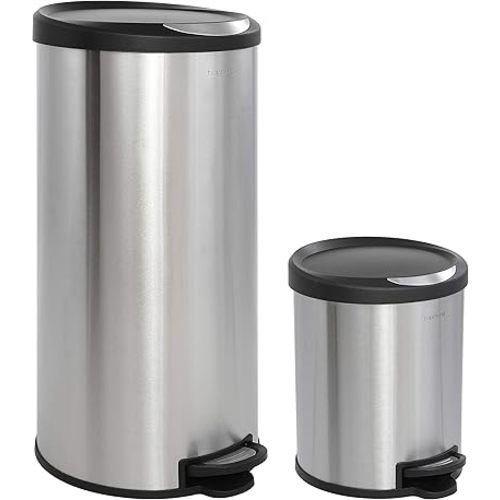 happimess HPM1001A Oscar Round 8-Gallon Step-Open Trash Can with Free Mini Trash Can, Modern, Fingerprint Proof for Home, Kitchen, Office, Large:7.9 Gallon Small:1.3 Gallon, Stainless Steel