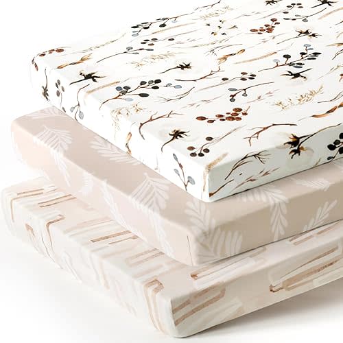 Stretchy Ultra Soft Jersey Knit Fitted Pack and Play Sheets 3 Pack, Portable/Mini Crib Sheets Safe and Snug Fitted for Boys and Girls, Stylish Pretty Flora for Baby, Beige