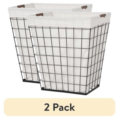 (2 pack) Better Homes & Gardens 75L Rectangular Steel Wire Laundry Basket Hamper Sortor with Removable Cotton Blend Liner for Adult, Black & Natural