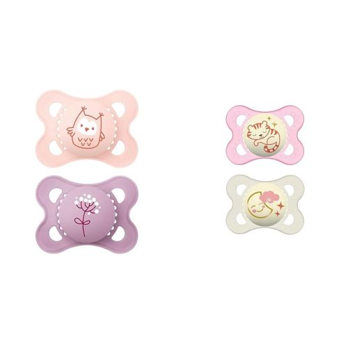 MAM Original Matte Baby Pacifier, Sterilizer Case, Girl, 0-6 Months (2-Pack) & Night Glow Pacifiers, Sterilizing Case, MAM Pacifiers 0-6 Months, Baby Girl (2-Pack)