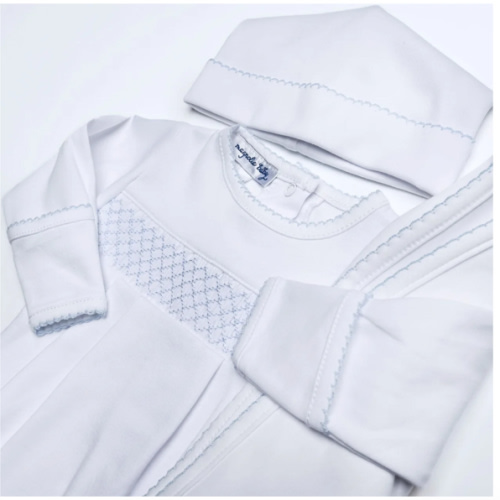 Magnolia Baby Boy Essentials Smocked White Footie with Blue Trim