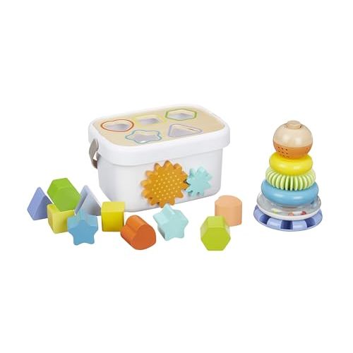 Amazon Basics Wooden Shape Sorter and Rainbow Stacker Classic Baby Toy Set-Sorting Play For Infants Age 12M+, Medium, Multicolor