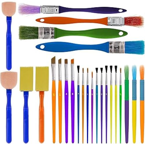 U.S. Art Supply 25-Piece Children's All Purpose Paint Brush Set - Artist Variety Value Pack, 6 Types, Flat, Round, Chip, Mop, Foam Tipped Brushes - Fun Kid's Party, School Student Class Craft Painting
