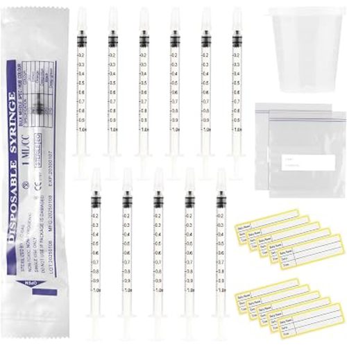 20 Sets 1ml Colostrum Syringes with Caps No Needle Colostrum Collector Kit Include 20pcs 1ml Sterile Syringes, 20 Labels, 2 Storage Bags and 1 Measuring Cup