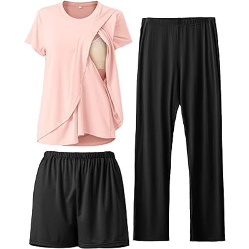 Rnxrbb 3 Piece Postpartum Nursing Pajamas Set Casual Soft Maternity Breastfeeding Pjs Sleepwear Loungewear Clothes Layer
