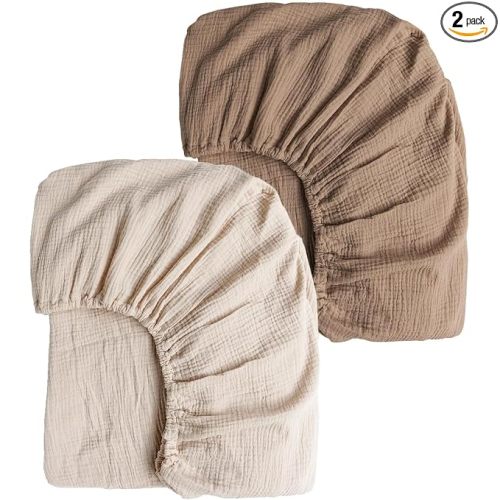 Konssy 2 Pack Muslin Crib Sheets for Standard Crib Mattress, 52" x 28" | 100% Cotton, Soft & Breathable, 360Β° Elastic Snug Fit, Solid & Printed Designs for Baby Girls & Boys (Brown,Cream)