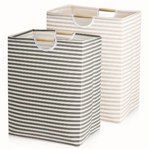 Garnen 2x Collapsible Laundry Basket, Foldable Laundry Hamper Bag, Wood Handles Dirty Clothes Baskets Laundry Bin Organizer Hampers for Bedroom Kids