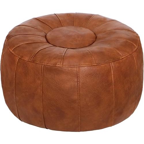 Thgonwid Unstuffed Handmade Moroccan Round Pouf Foot Stool Ottoman Seat Faux Leather Large Storage Bean Bag Floor Chair Foot Rest for Living Room, Bedroom or Wedding Gifts (Light Brown)