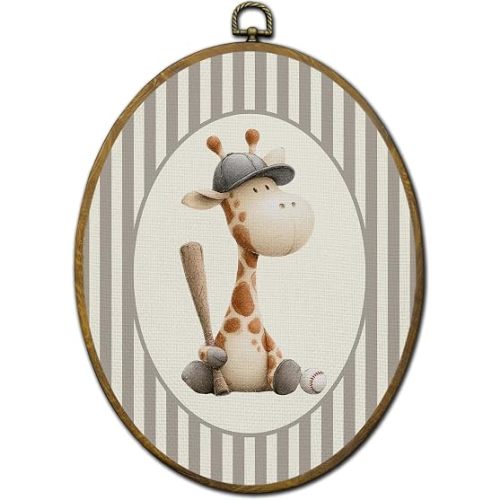 QZQE Giraffe Baseball Sports Nursery Oval Wall Art Decor Framed, Sports Oval Canvas Prints, Baseball Player Giraffe Neutral Striped Wall Hanging Decor for Kids Boys Room Playroom, 8.6x11.4 Inch