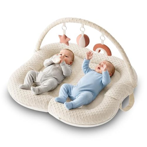 Twins Baby Play Mats for Floor Activity Gym - 5-in-1 Support Cushion Baby Play Mat Tummy Time Mat for Supervised Bonding with Arch, Plush Toys, Flashcards & Development - Grey