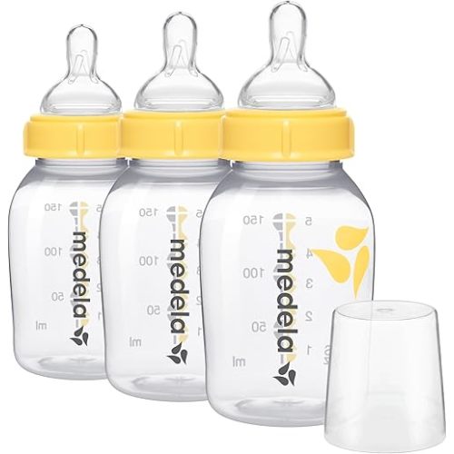 Medela Slow Flow Feeding & Storage Bottles, 3 Pack of 5 Ounce Bottle with Nipple, Lids, Wide Base Collars, and Travel Caps, Made Without BPA