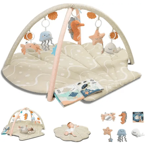 Baby Play Mat, Oversize Shell Tummy Time Mat with 6 Detachable Baby Activity Toys, Baby Gyms & Playmats for Babies 0-6 Months, Baby Mat for Floor Newborn Baby Shower Gifts (Beige)
