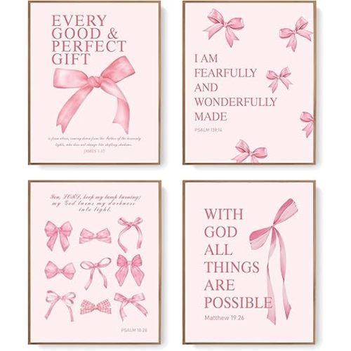 LARTSFRO Coquette Pink Bow Wall Art Decor Posters, Pink Bow Christian Room Bedroom Bathroom Dorm Wall Art Decor for College Teen Girls Kids Gifts, Inspirational Bible Verses Bow Wall Decor, 10x8 Inch Set of 4 Pcs Bow Pictures (UNFRAMED)