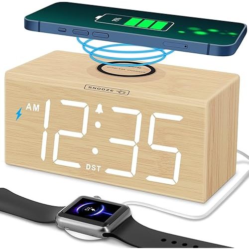 DreamSky Wooden Digital Alarm Clock with Wireless Charging for Bedroom, Bedside Nightstand Clock with Charger Station, USB Port, Large Numbers, Adjustable Volume, Brightness Dimmer, DST