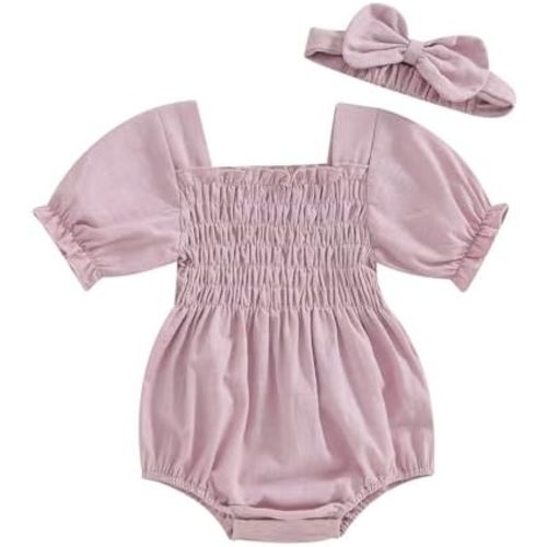 Infant Baby Girls Romper Ruffle Sleeve Pleated Smocked Bubble One Piece Ruched Jumpsuit Boho Summer Bodysuit