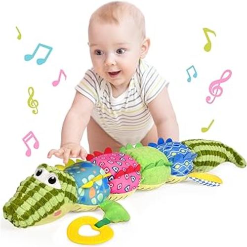 KMUYSL Infant Baby Musical Stuffed Animal Toys for 0-3-6-12 Months, Soft Sensory Toys with Crinkle and Rattles, Tummy Time Toys for Newborn 0-12 Months Boys Girls, Crocodile, Green
