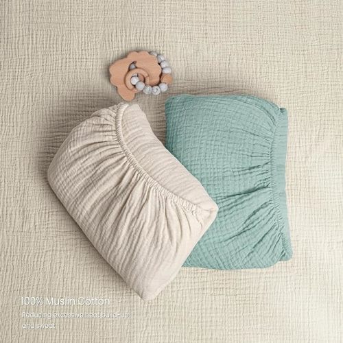 Lulu moon Muslin Crib Sheets - Fitted Crib Mattress Sheets for Boys and Girl - 28"x 52", 2 Pack (Cream & Roman Green)