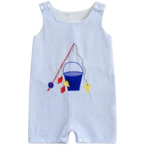 Newborn Baby Boys Fish Romper Shortalls Seersucker Gingham Embroidery Fishing Sleeveless Jumpsuit Summer Clothes