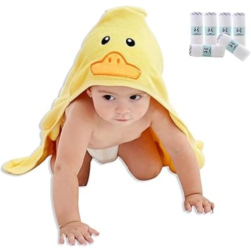 HIPHOP PANDA Baby Washcloths, 6 Pack and Baby Hooded Towel, Yellow Duck, 30 x 30 Inch