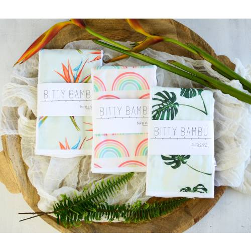Baby Burp Cloth Set of 3 - Monstera, Rainbows and Bird of Paradise Prints - Tropical Baby Gift Set - Layette Gift - Hawaii Baby Gift Set