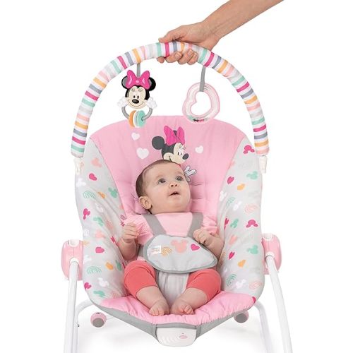 Bright Starts Disney Baby MINNIE MOUSE Infant to Toddler Rocker & Seat with Vibrations and Removable -Toy Bar, 0-30 Months Up to 40 lbs (Forever Besties)