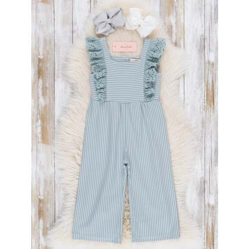 Sage Striped Eyelet Ruffle Jumpsuit