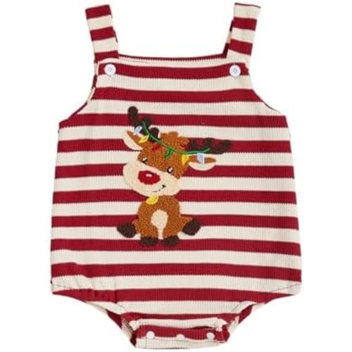 Newborn Baby Girl Boy Christmas Outfit Deer/Santa Sleeveless Bubble Romper Cute Waffle Knit Sweater Onesie