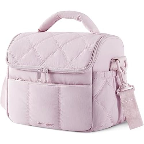 BAGSMART Insulated Lunch Bags for Women, Cute Quilted Lunch Box, Lightweight Puffy Padded Waterproof Lunch Tote, Reusable Lunch Cooler for Work Picnic Travel, Pink