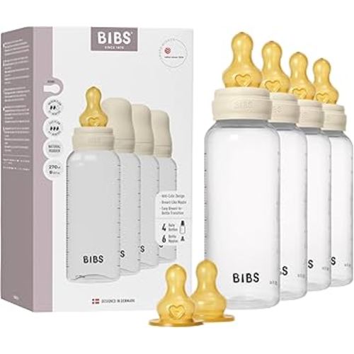 BIBS Baby Bottle 270 ml Latex Nipple 4 Pack - Anti-Colic, BPA-Free, Round Nipple, Lightweight & Easy to Clean, Suitable for Newborns 0+ Years, 4-Pack + 2 Extra Nipples - Ivory