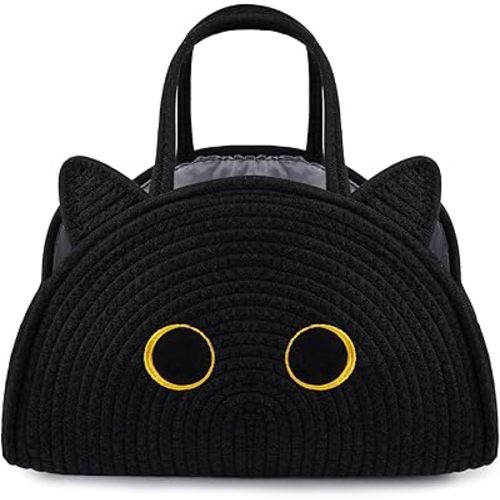 Black Cat Baby Diaper Caddy Organizer, Cute Cat Woven Cotton Rope Basket for Nursery, Portable Caddy Empty Gift Basket, Large Bag Baby Shower Towels Wipes for Newborn Essentials Storage Bins