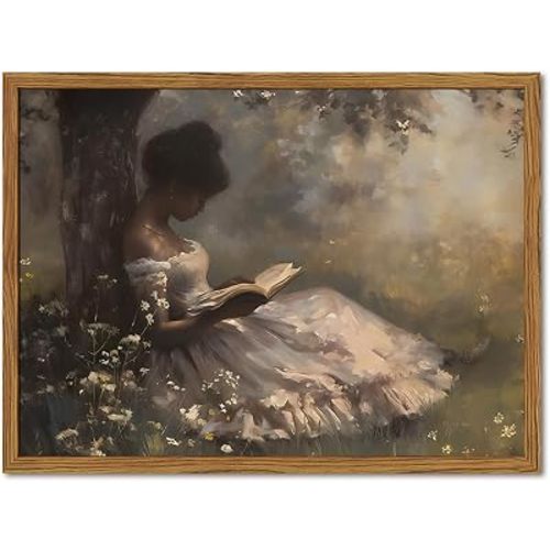 Framed Vintage Wall Art, Moody Black Girl Reading Book Pictures Wall Decor, Victorian Woman African American Paintings Canvas Prints Aesthetic Artwork for Home Living Room Bedroom 12x16 inch