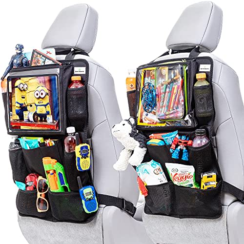 Quint Essence Heavy Duty Car Seat Organizer, Adjustable XL 12.9” Clear Touchscreen Tablet Holder, 11 Storage Pockets Kick Mats Back Seat Protector for kids, car travel accessories (2 Pack)