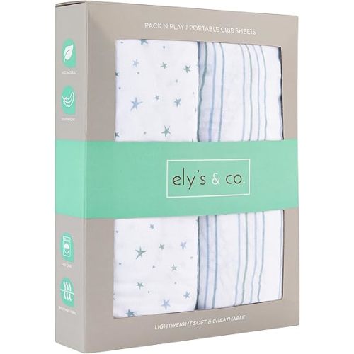 Pack and Play Sheet 2 Pack - Pack and Play Sheets Fitted with 100% Jersey Cotton - Pack N Play Mattress Sheets for Boys and Girls, Newborn Essentials (Blue Stars & Stripes)