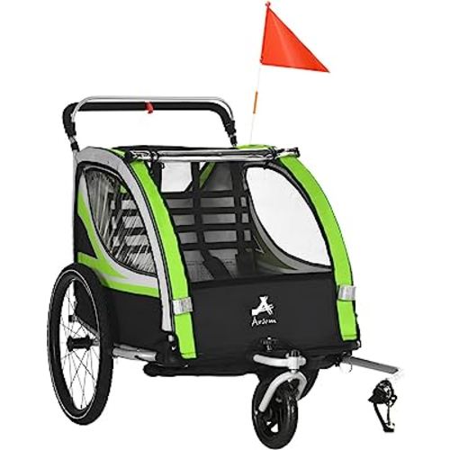 Aosom 2-in-1 Walk/Ride Child Baby Bike Trailer for Kids 2 Seater, High-Visibility Bike Stroller for Toddler Wagon, Weather-Strong Double Bicycle Trailer Accessory for Kids