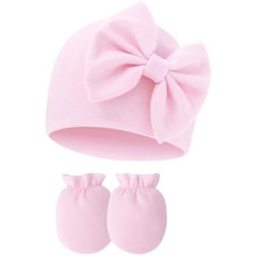 UTTPLL Newborn Hospital Beanie No Scratch Mittens Set 0-6 Months Big Bow Infant Caps Baby Girl Cute Nursery Headbands Hats