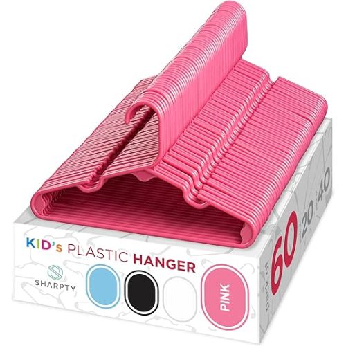 Sharpty Kids Plastic Hangers, Children's Hangers for Baby, Toddler, and Child Clothes - Everyday Standard Use - Ideal for Boys and Girls Closet, Clothing, Pants, Coats, and More - Pink, 60 Pack