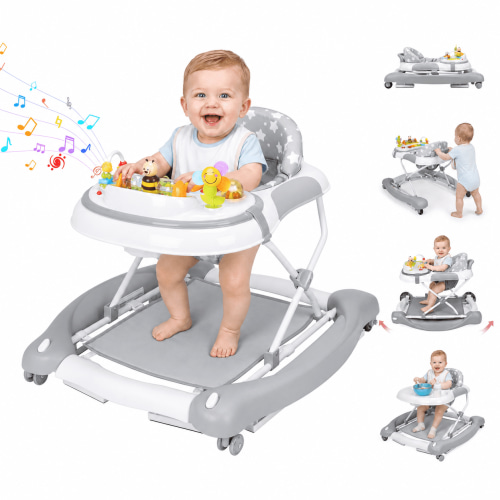 PRVAETU 5 in 1 Baby Walker,Jumper,Rocking,Push,Bouncer for Boys Girls,Foldable,Music & Light,Height Adjustable,Wheel for Infant,Start Grey